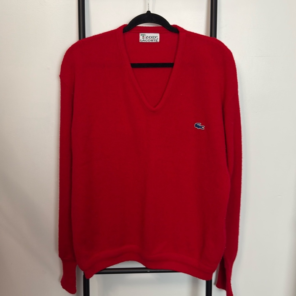 Vintage Izod Lacoste Red V-neck Acrylic Crocodile Sweater Pullover Men Size XL